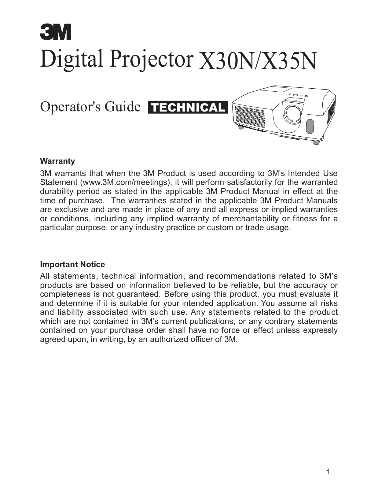 3M Digital Projector X30N, Digital Projector X35N Operator Guide