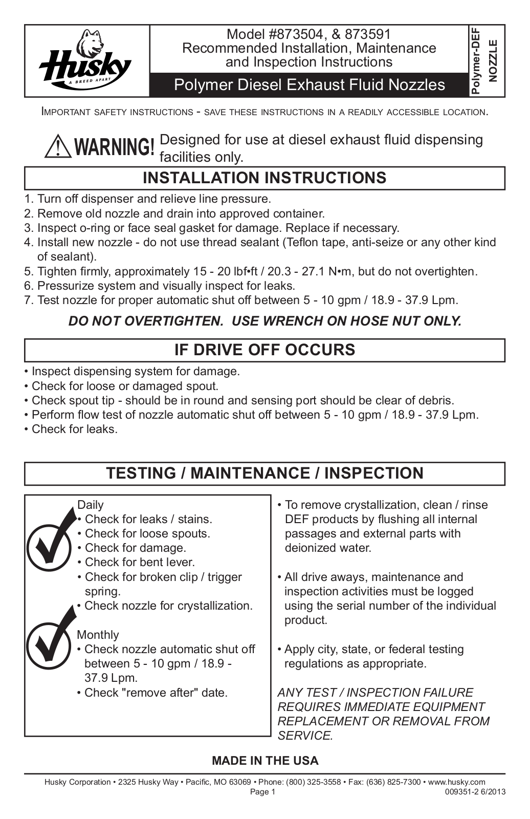 Husky DEF Polymer Nozzle Owner's Manual