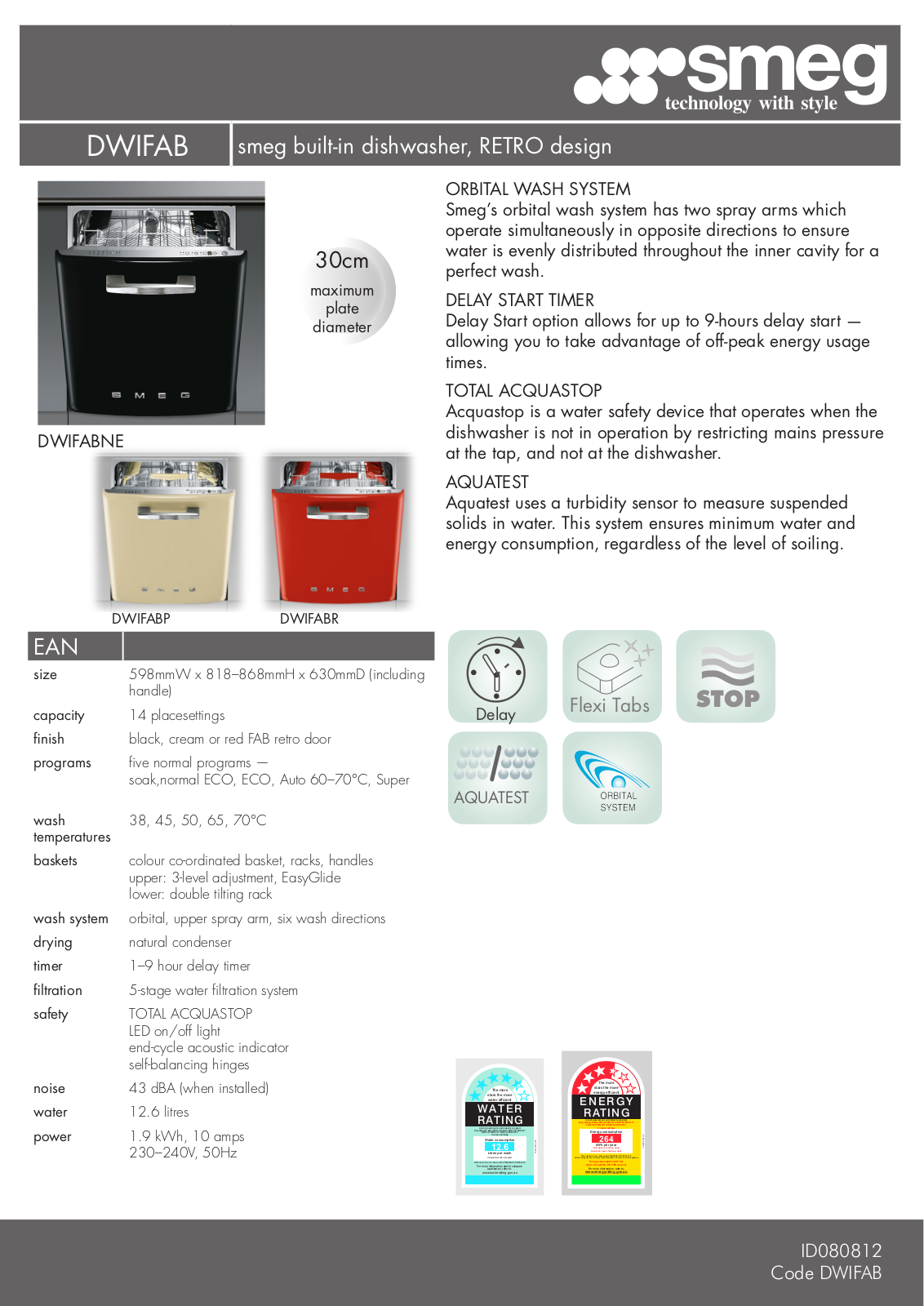 Smeg DWIFABP-1, DWIFABNE-1 Specifications Sheet