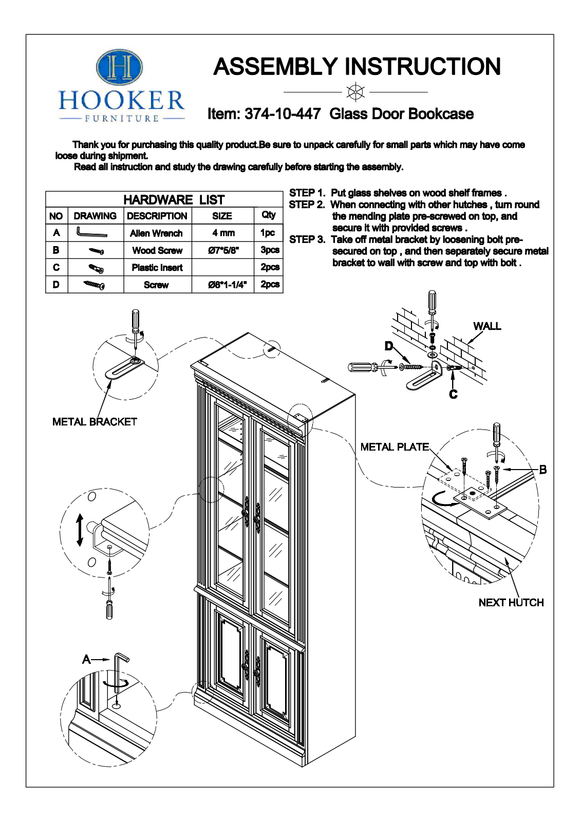 Hooker Furniture 37410447 Assembly Guide