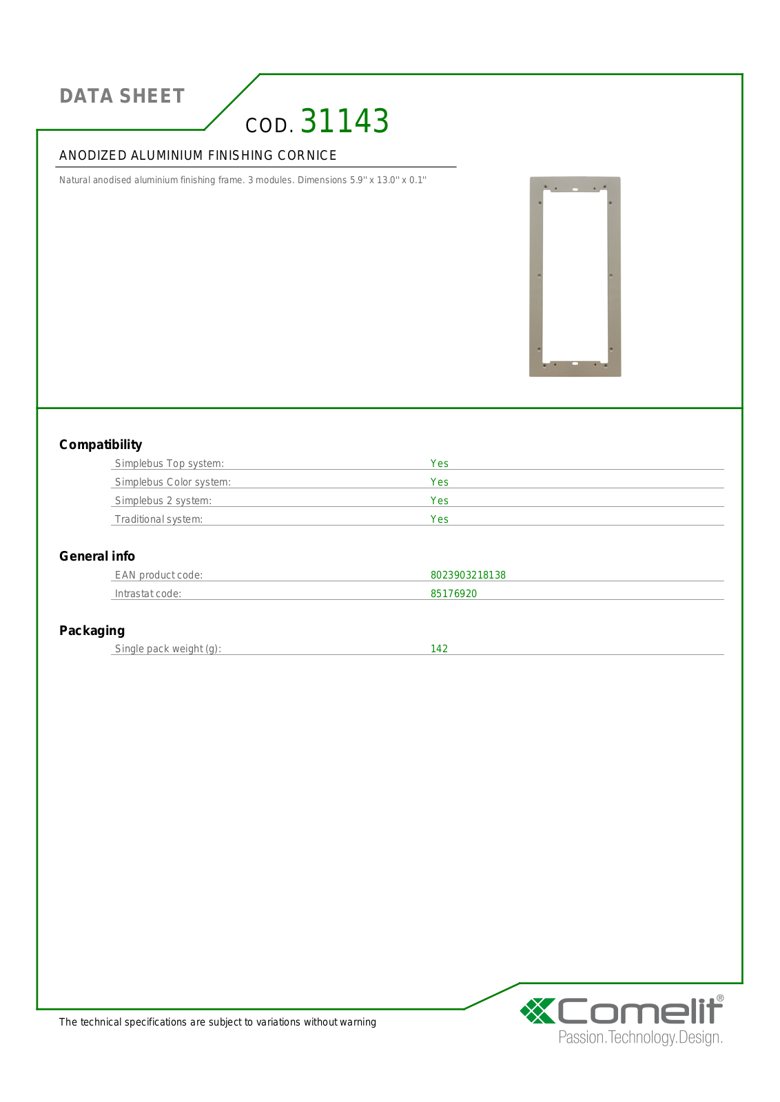 Comelit 31143 Specsheet