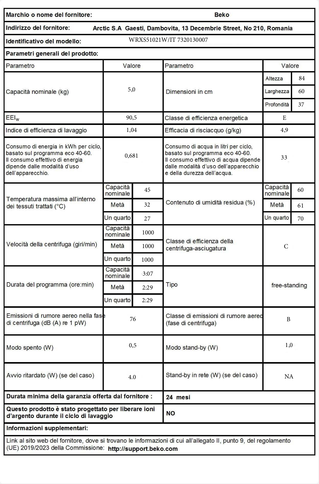 Beko WRXS51021W/IT PRODUCT INFORMATION SHEET