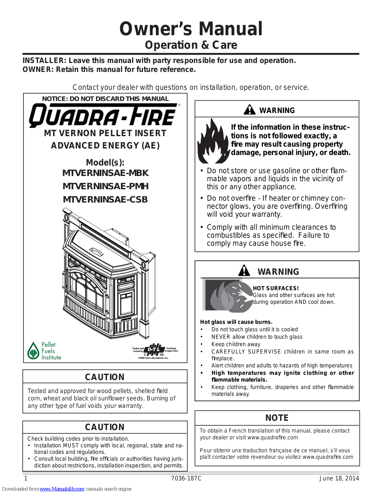 Quadra-Fire MTVERNINSAE-MBK, MTVERNINSAE-PM, MTVERNINSAE-CSB Owner's Manual