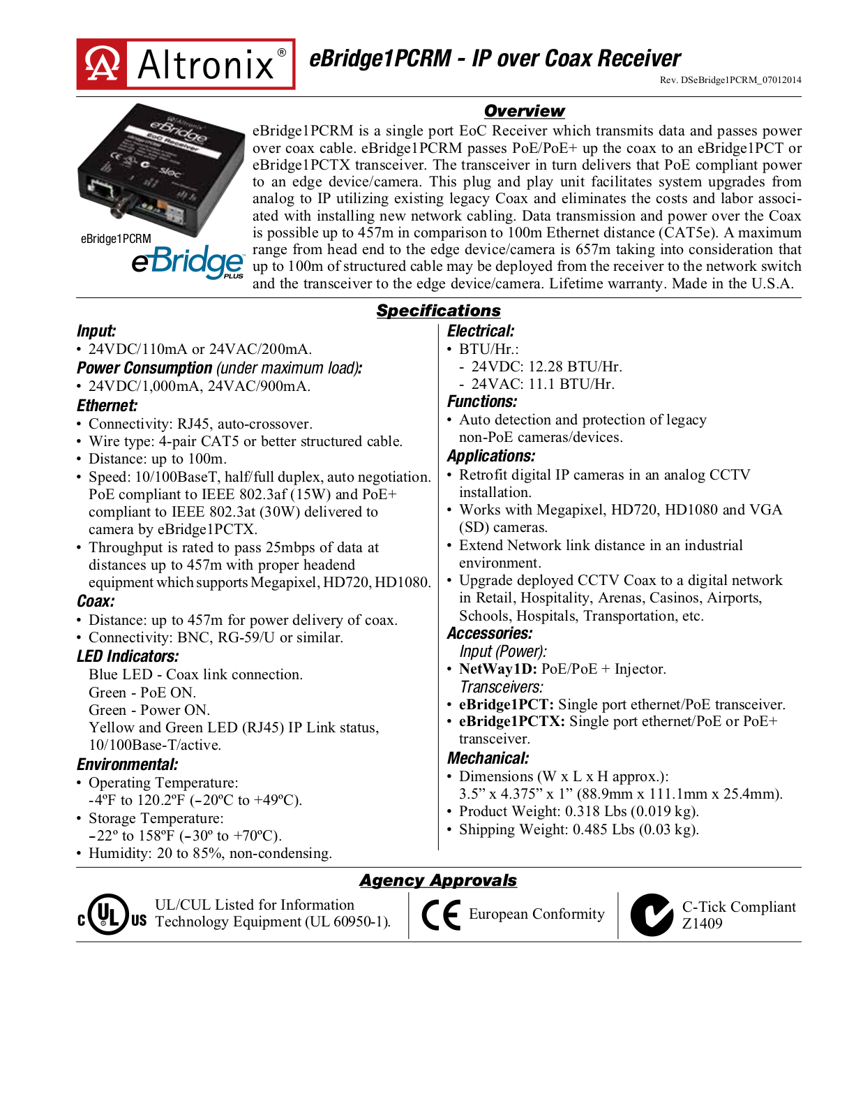 Altronix eBridge1PCRM Specsheet