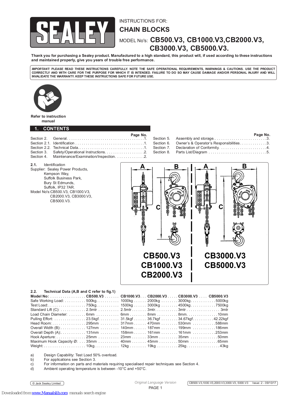 Sealey CB1000.V3,CB2000.V3,CB500.V3,CB3000.V3,CB5000.V3 Instructions Manual