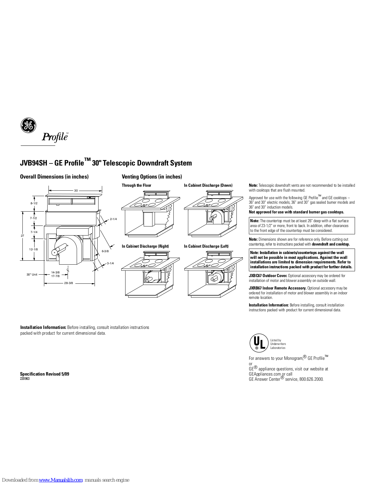 GE JVB94SHSS, Profile JVB94SH Dimensions