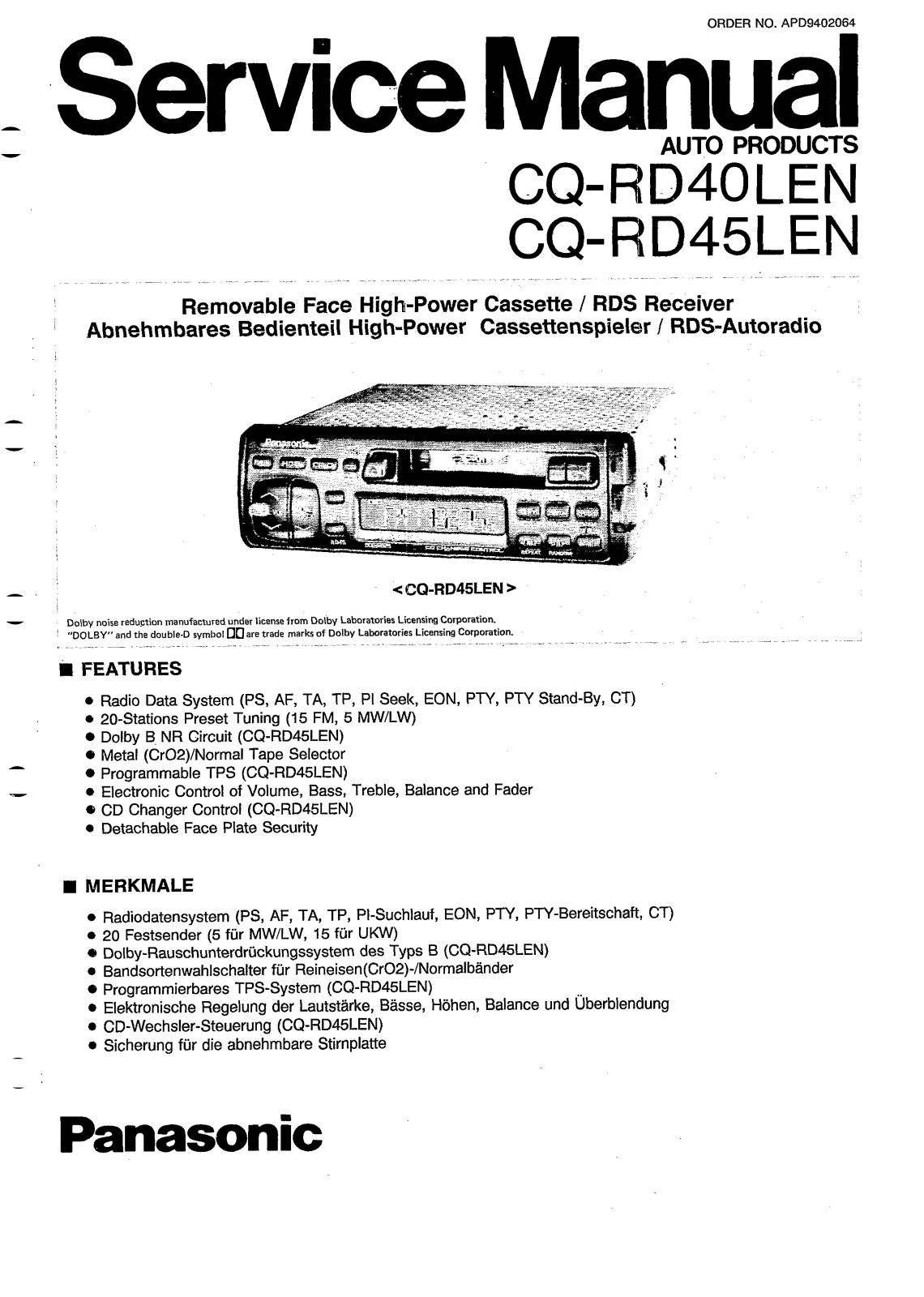 Panasonic CQRD-40-LEN, CQRD-45-LEN Service manual