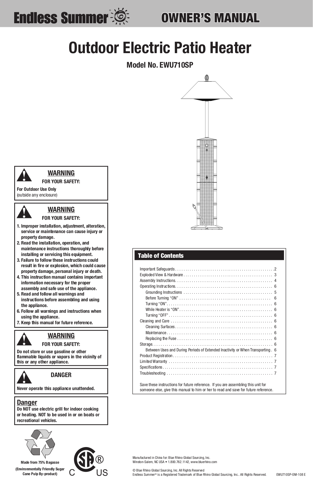 Endless Summer EWU710SP Owner's Manual