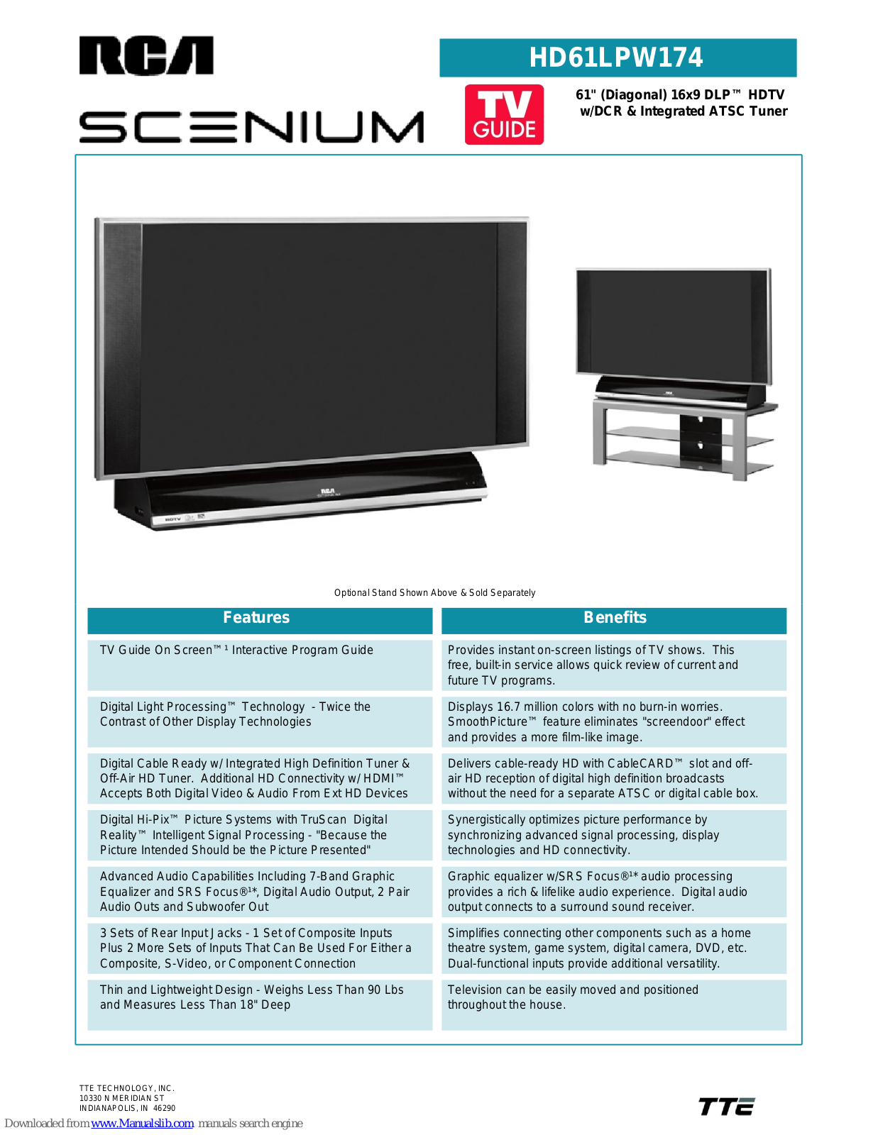 RCA SCENIUM HD61LPW174 Specifications