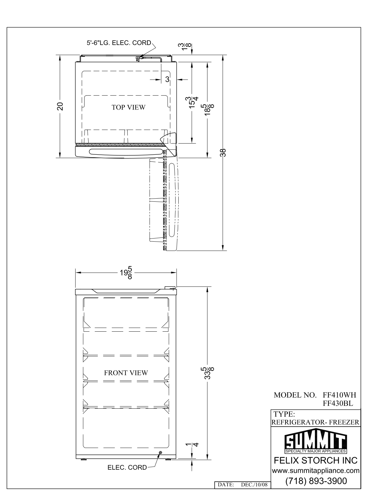 Summit FF430BL, FF410WH Technical Drawings