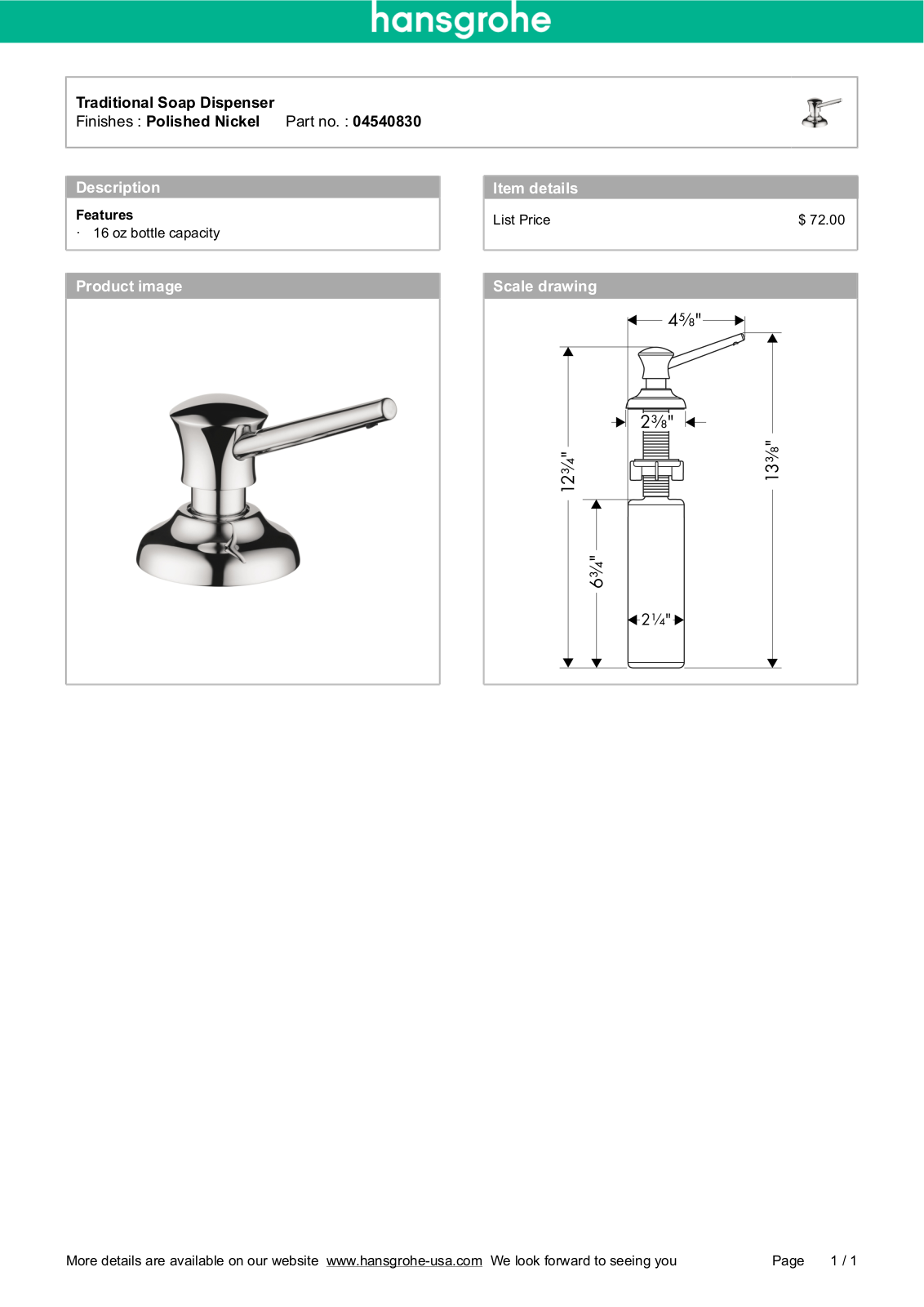 Hansgrohe 04540000 Specs