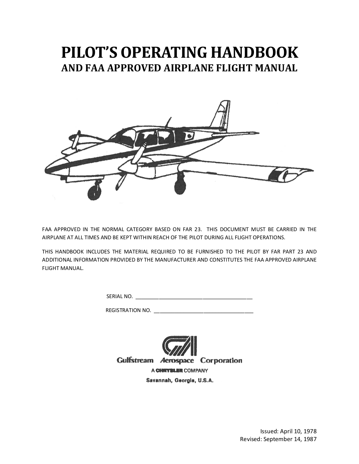 Grumman American GA-7 COUGAR 1987 Pilot Operating Handbook