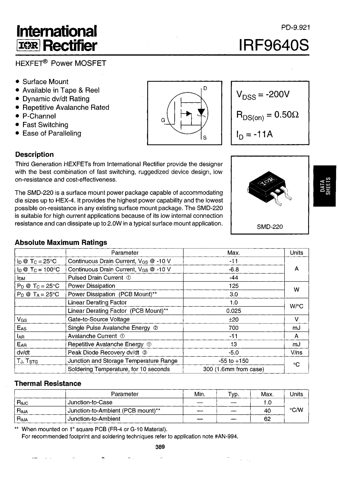 International Rectifier IRF9640STRR, IRF9640STRL Datasheet