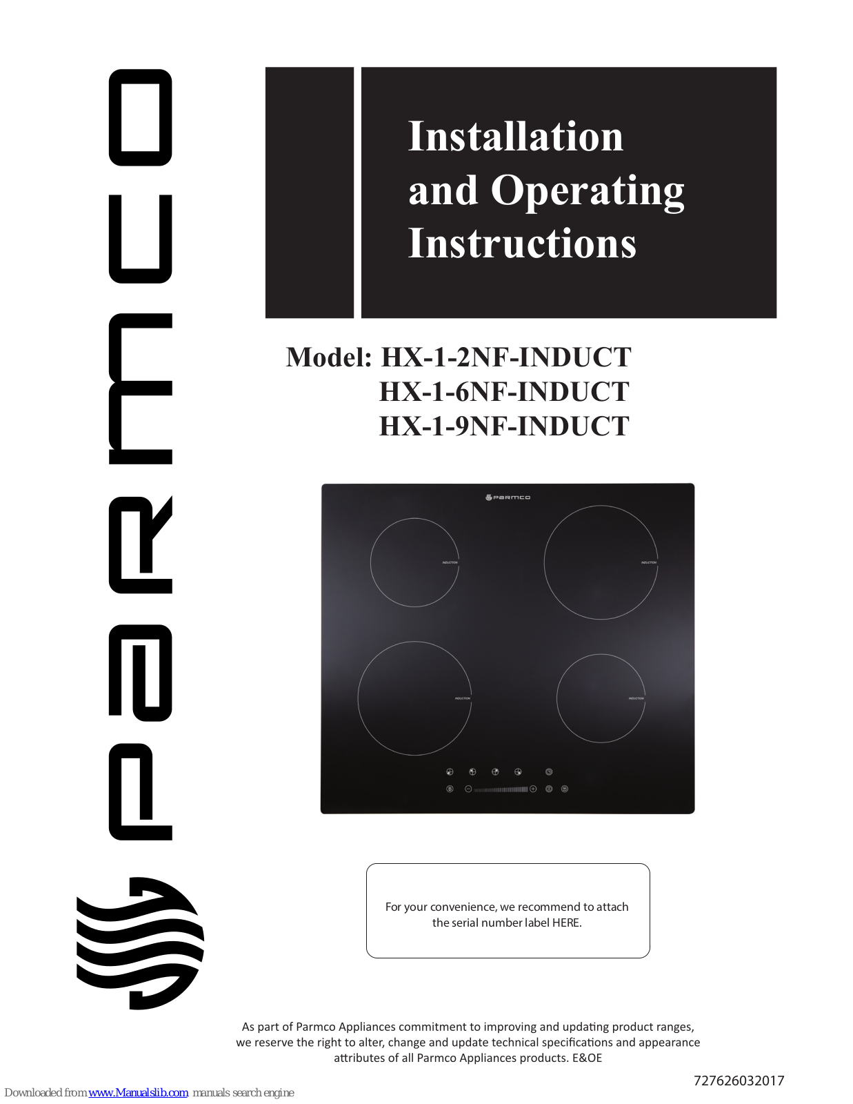 Parmco HX-1-2NF-INDUCT, HX-1-6NF-INDUCT, HX-1-9NF-INDUCT, VERSO 5F, VERSO 9F Installation And Operating Instructions Manual