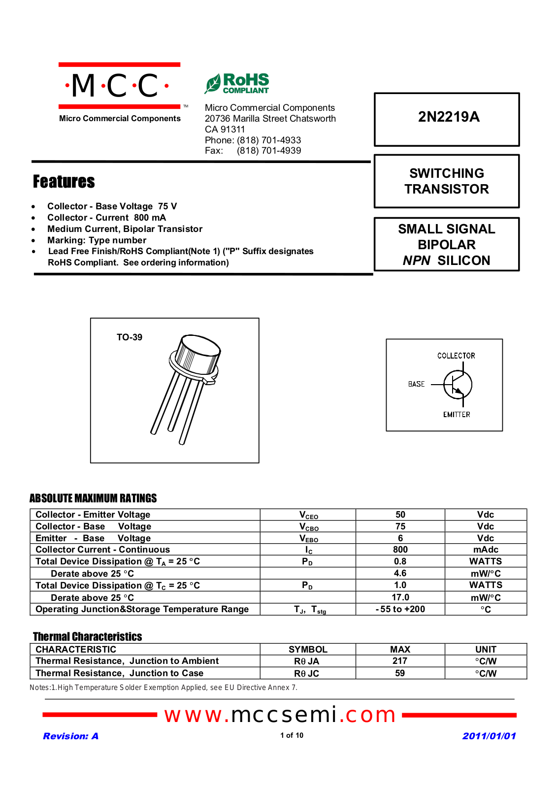 Datasheet 2n2219a(to-39) Datasheet - ManualMachine.com