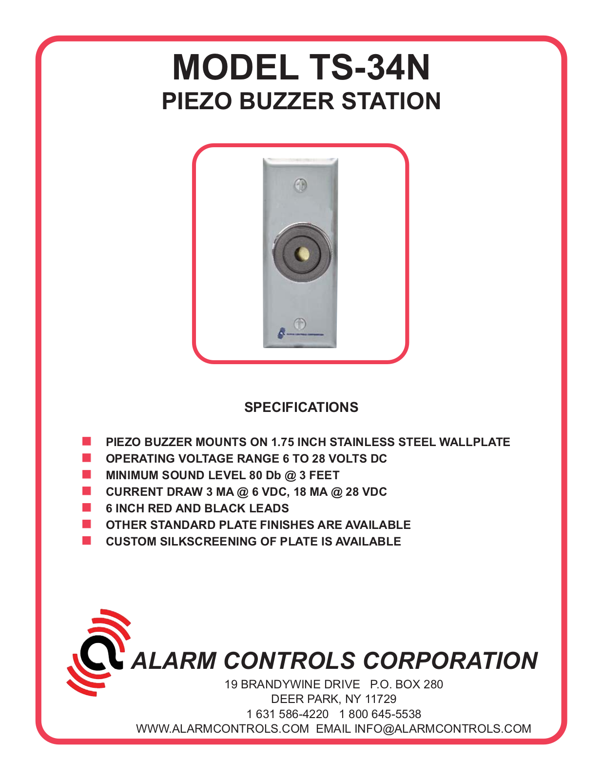 Alarm Controls TS-34N Specsheet