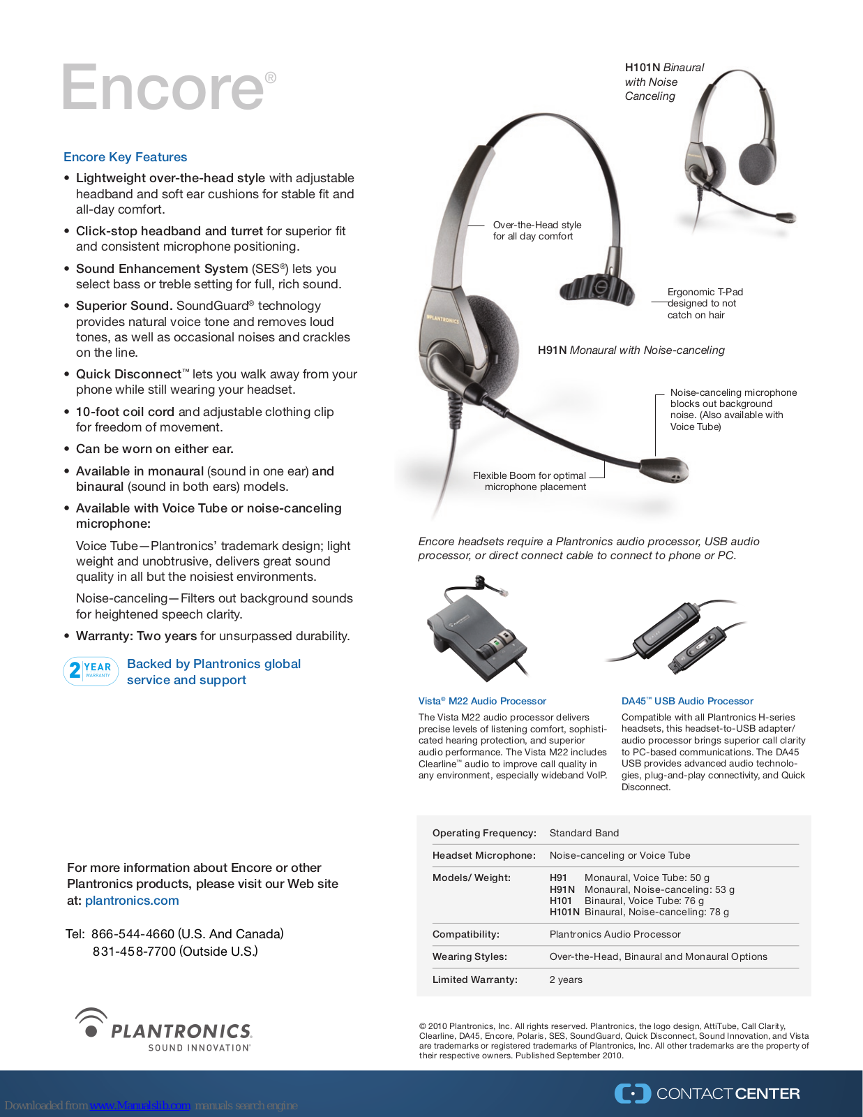 Plantronics Encore, PLNH101N, Encore H101N, Encore H91N, Encore H91 Specifications