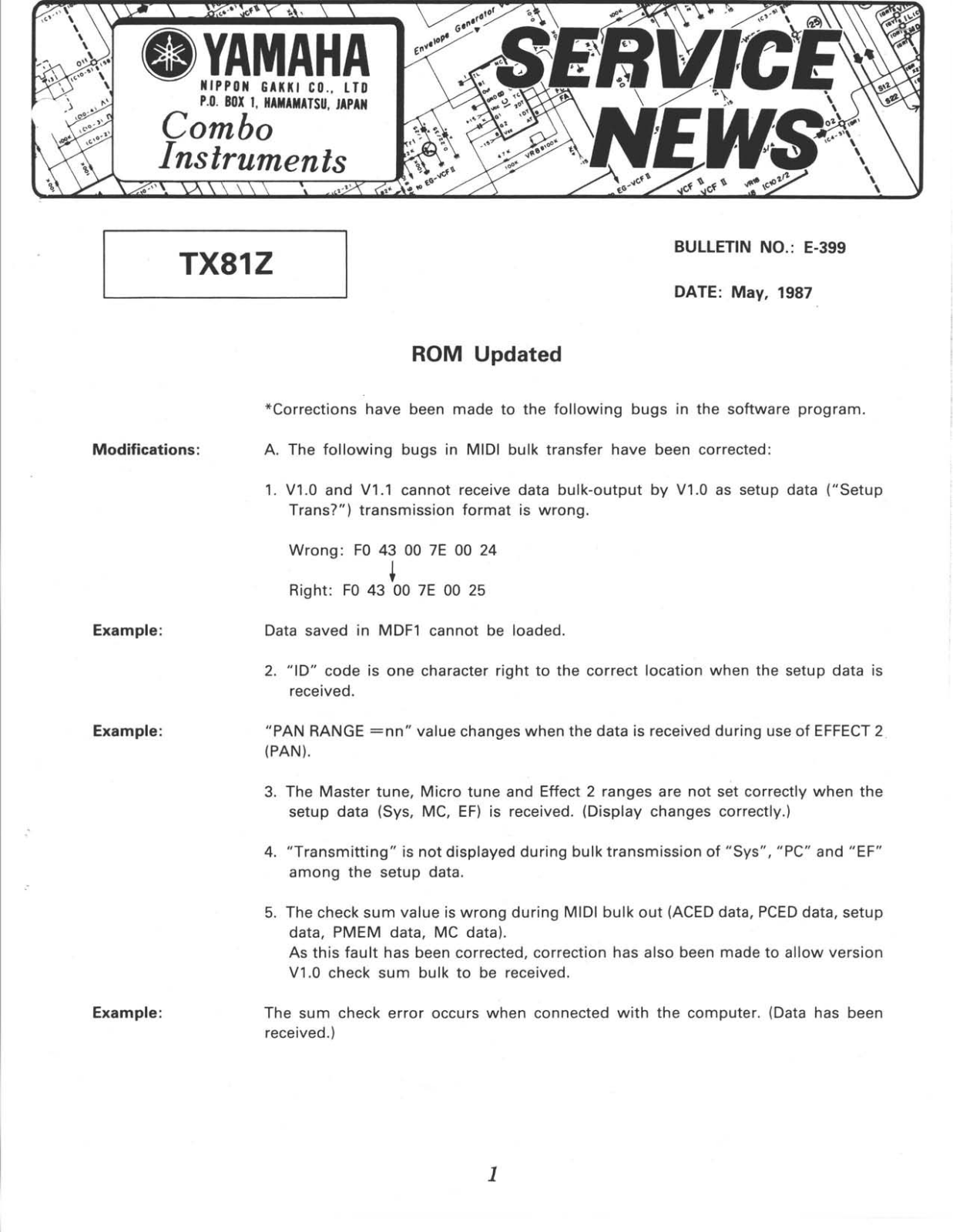 Yamaha TX81Z Service Bulletins