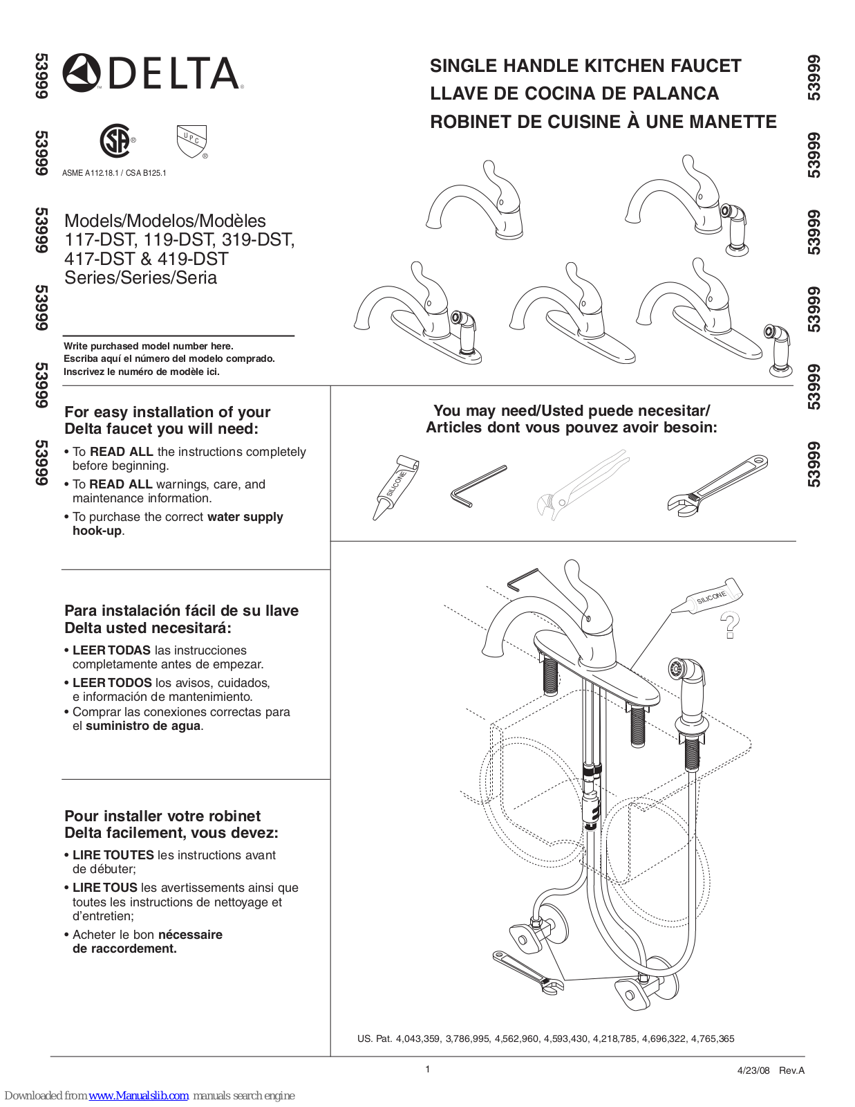 Delta 117-DST Series, 417-DST Series, 119-DST Series, 319-DST Series, 419-DST Series Installation Manual