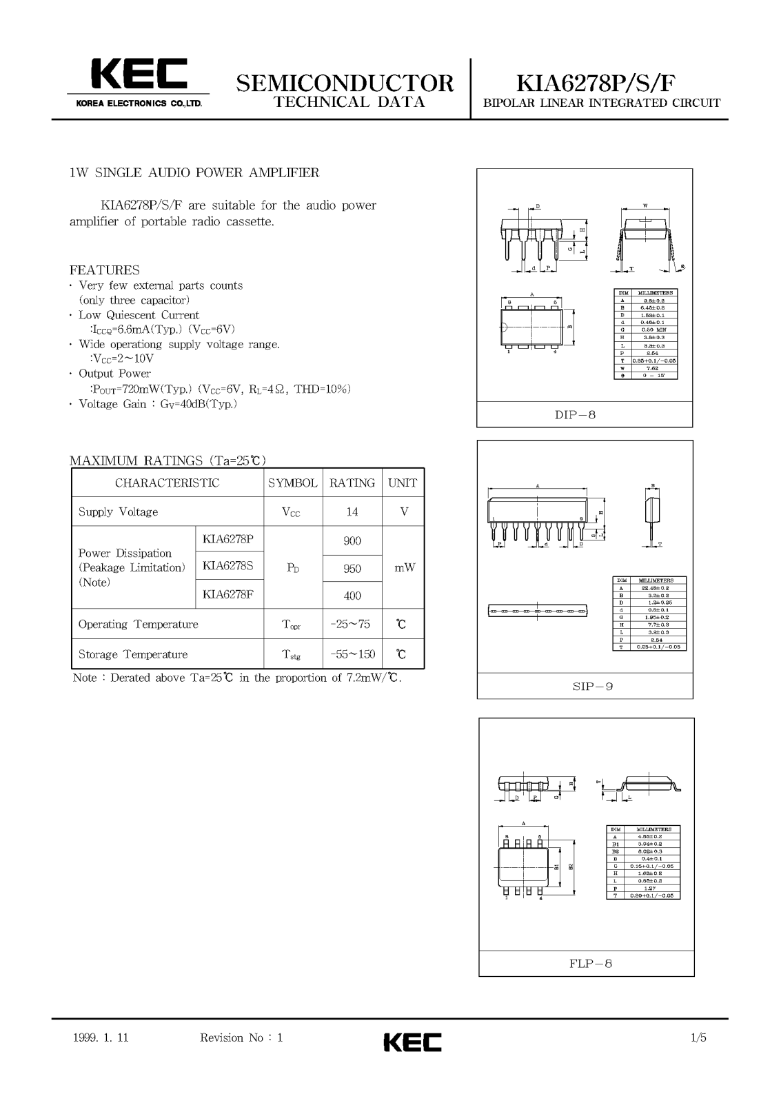 KEC KIA6278P, KIA6278F, KIA6278S Datasheet