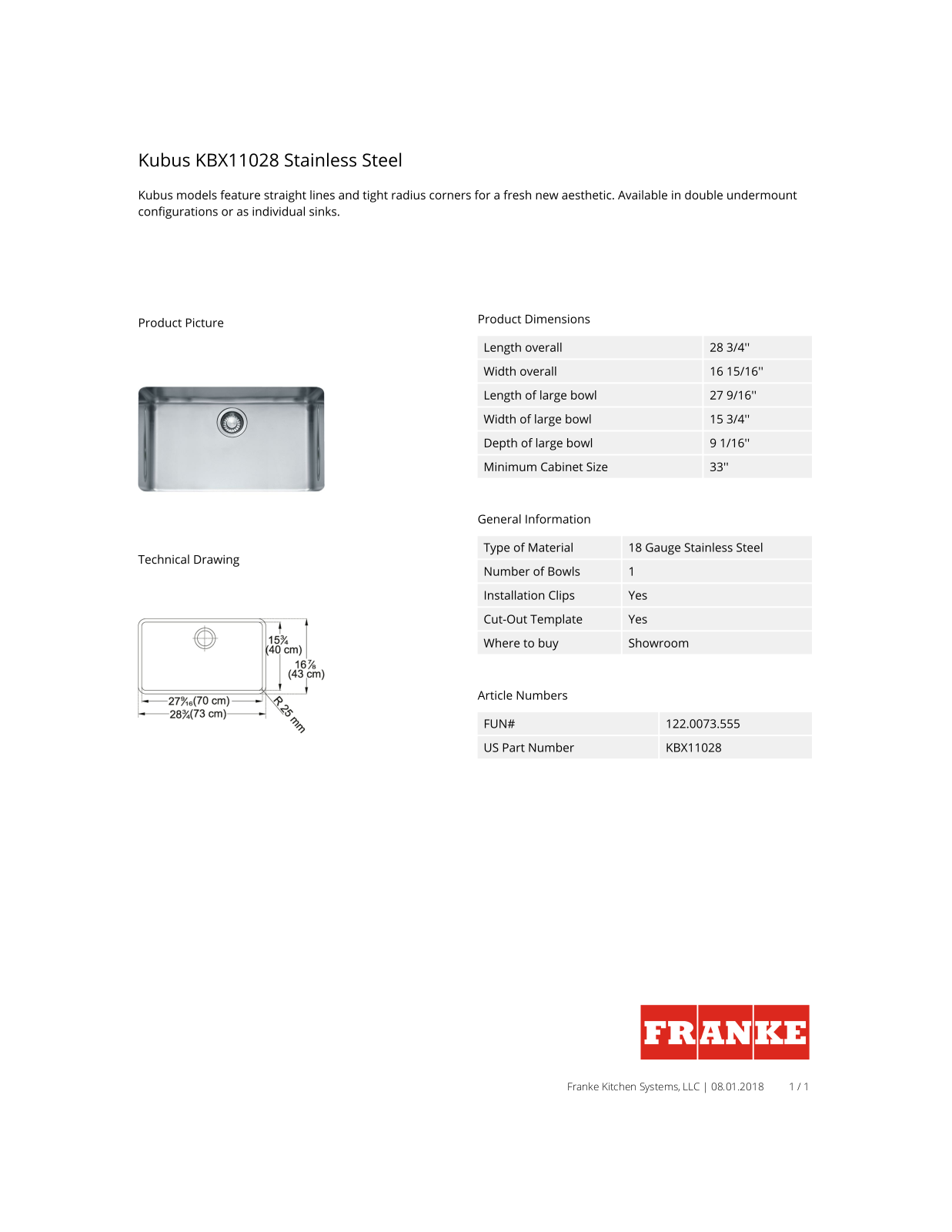 Franke KBX11028 Specs