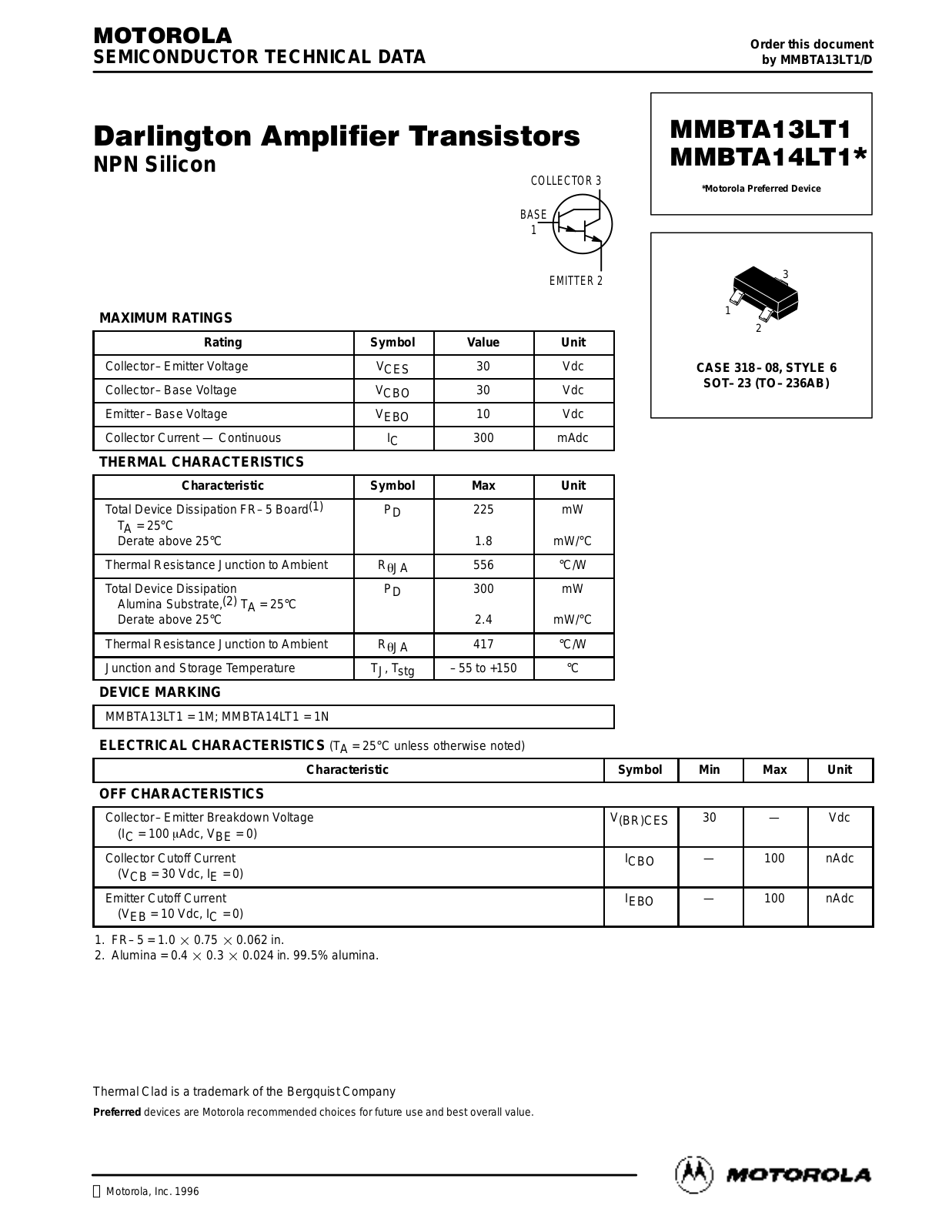 Motorola MMBTA14LT1 Datasheet