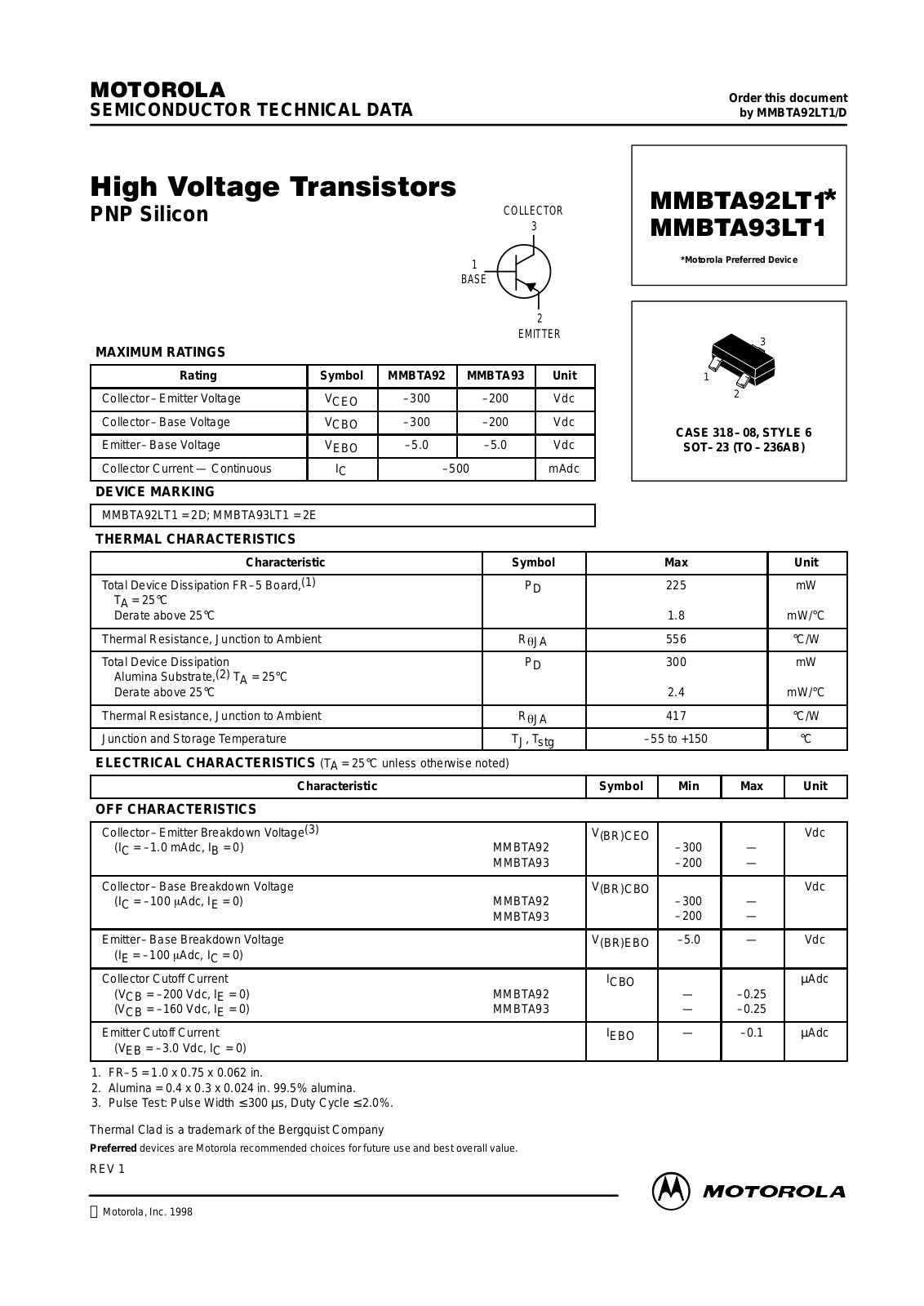 MOTOROLA MMBTA92LT1, MMBTA92LT3 Datasheet