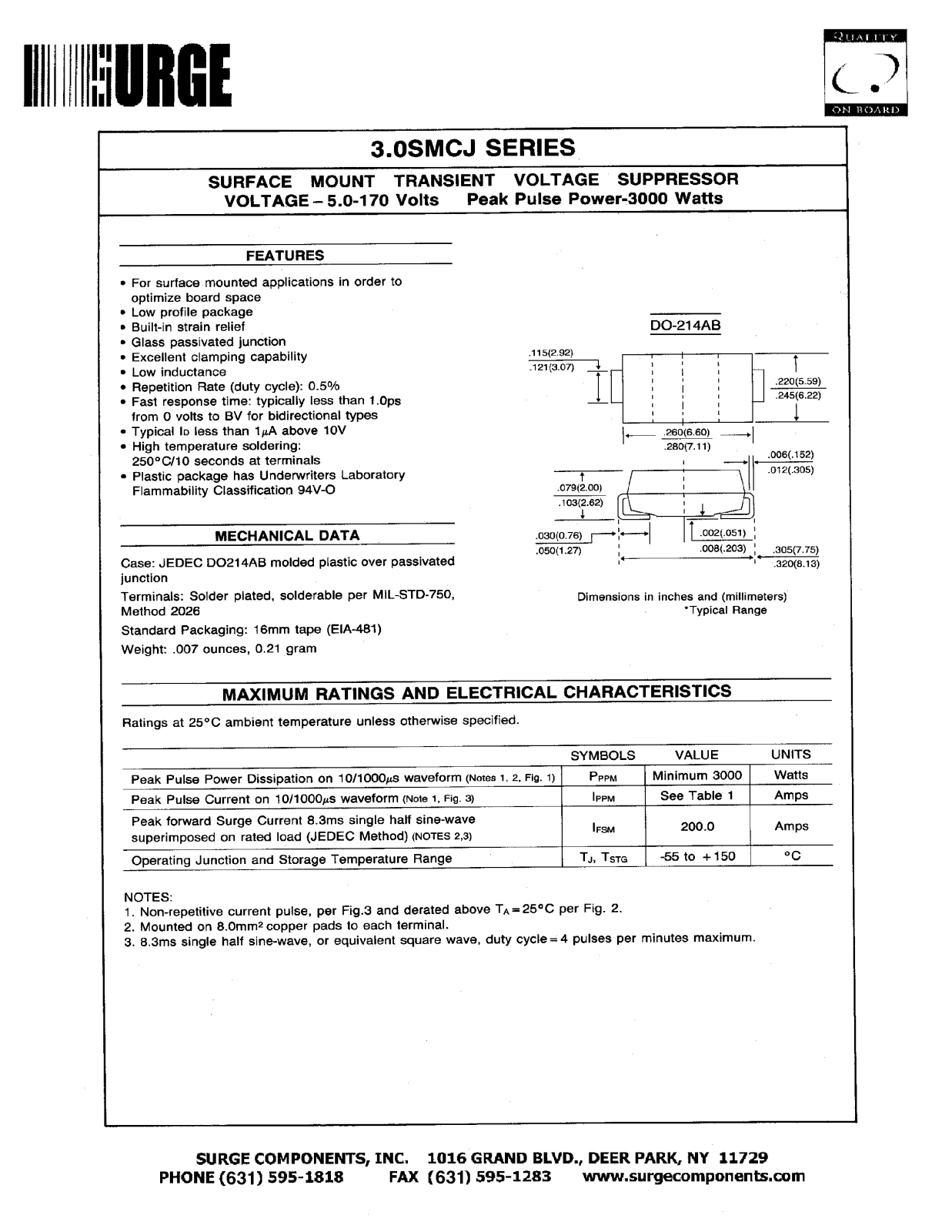 Datasheet 3.0SMCJ90CA, 3.0SMCJ90C, 3.0SMCJ90A, 3.0SMCJ90, 3.0SMCJ85CA Datasheet (SURGE) - ManualMachine.com