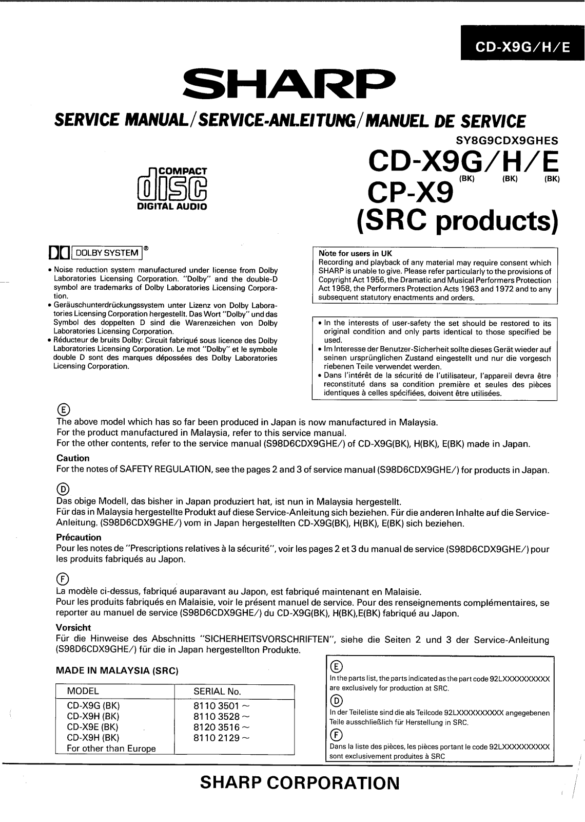 Sharp CD-X9G, CP-X9 Service manual