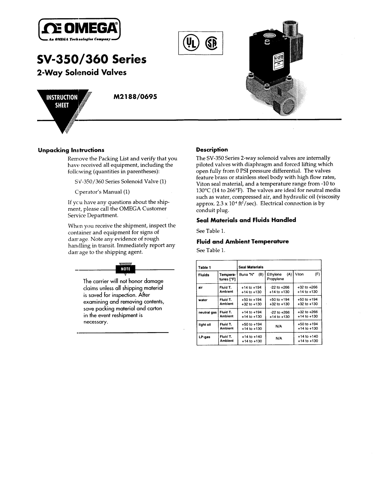 Omega Products SV-350 Installation  Manual