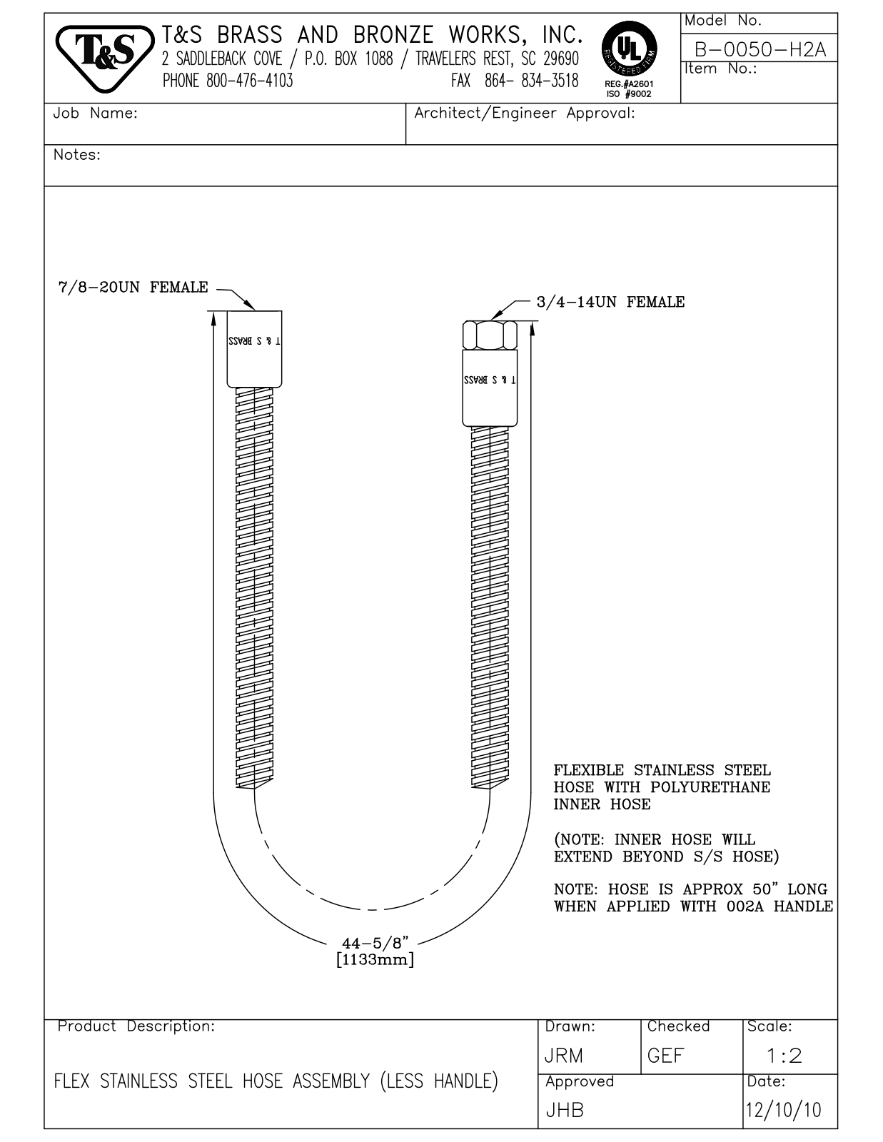 T&S Brass B-0050-H2A User Manual