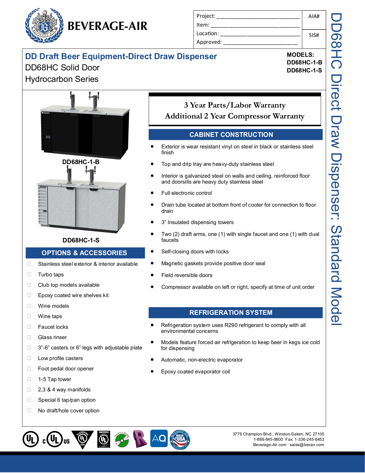 Beverage-Air DD68HC1B, DD68HC1S Specifications