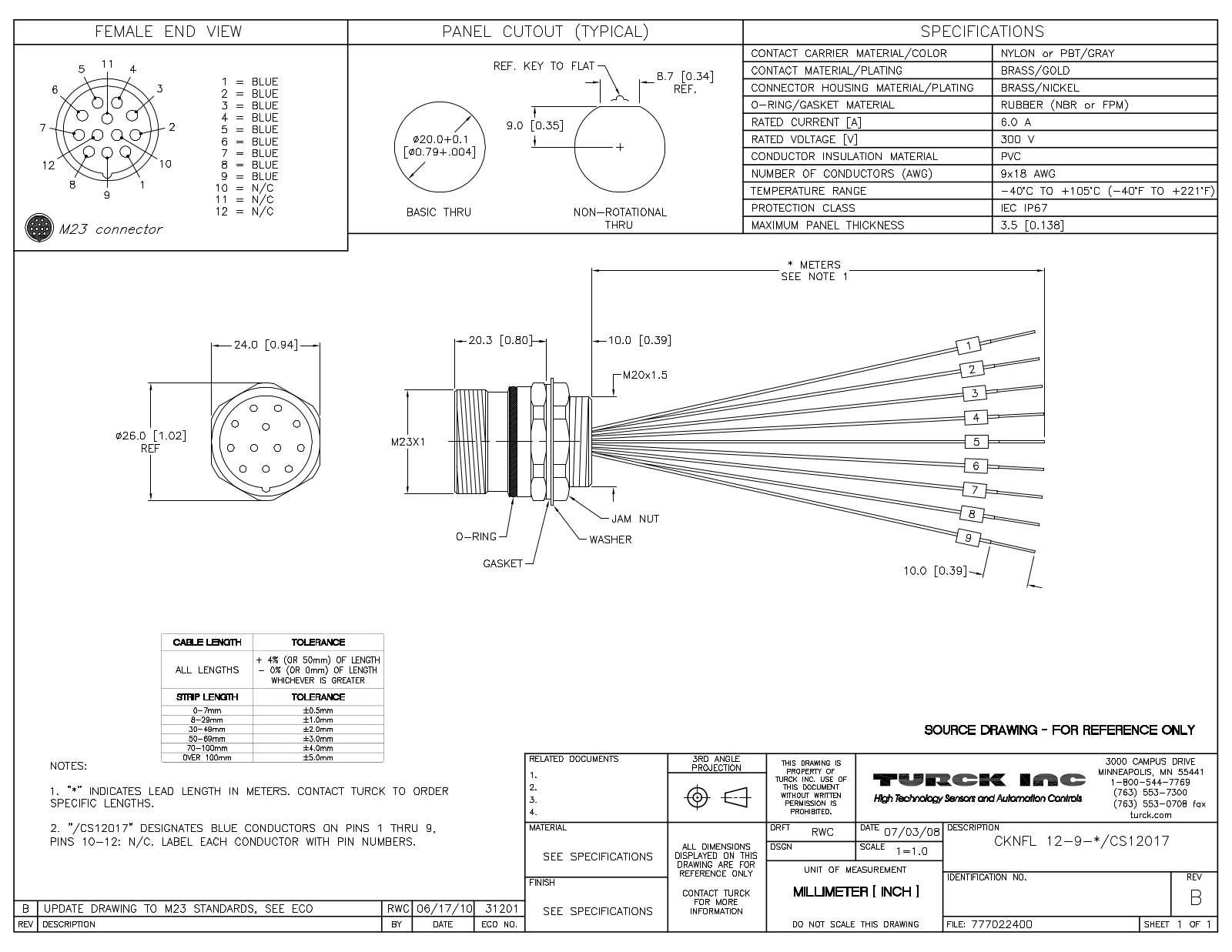 Turck CKNFL12-9-2/CS12017 Specification Sheet