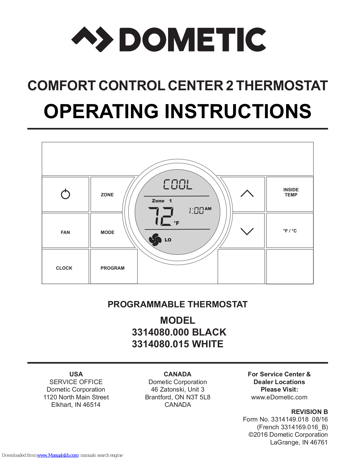 Dometic 3314080.000 BLACK, 3314080.015 WHITE Operating Instructions Manual