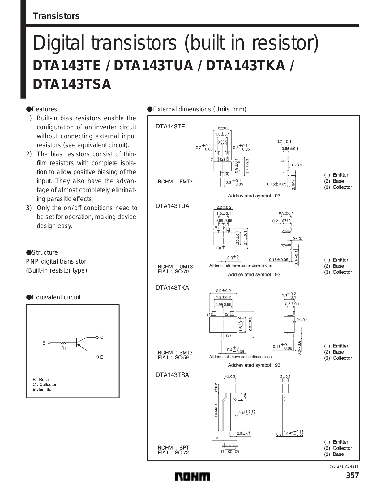 ROHM DTA143TUA, DTA143TSA, DTA143TKA, DTA143TE Datasheet