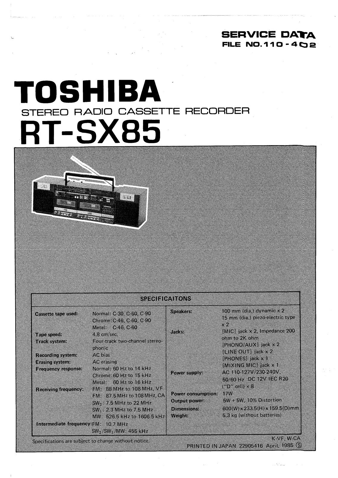 Toshiba RTSX-85 Service manual