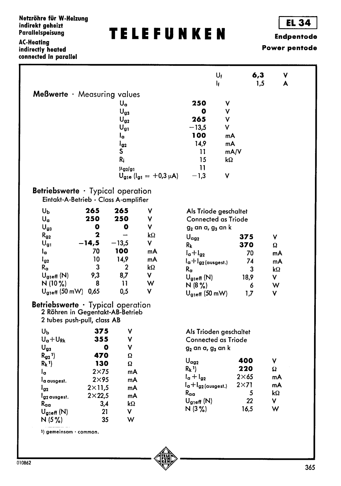 Telefunken EL 34 User Manual