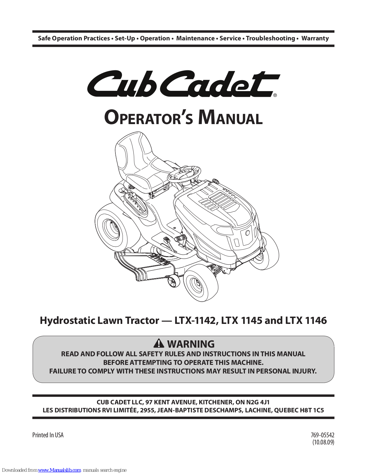 Cub Cadet LTX-1142, LTX 1145, LTX 1146 Operator's Manual