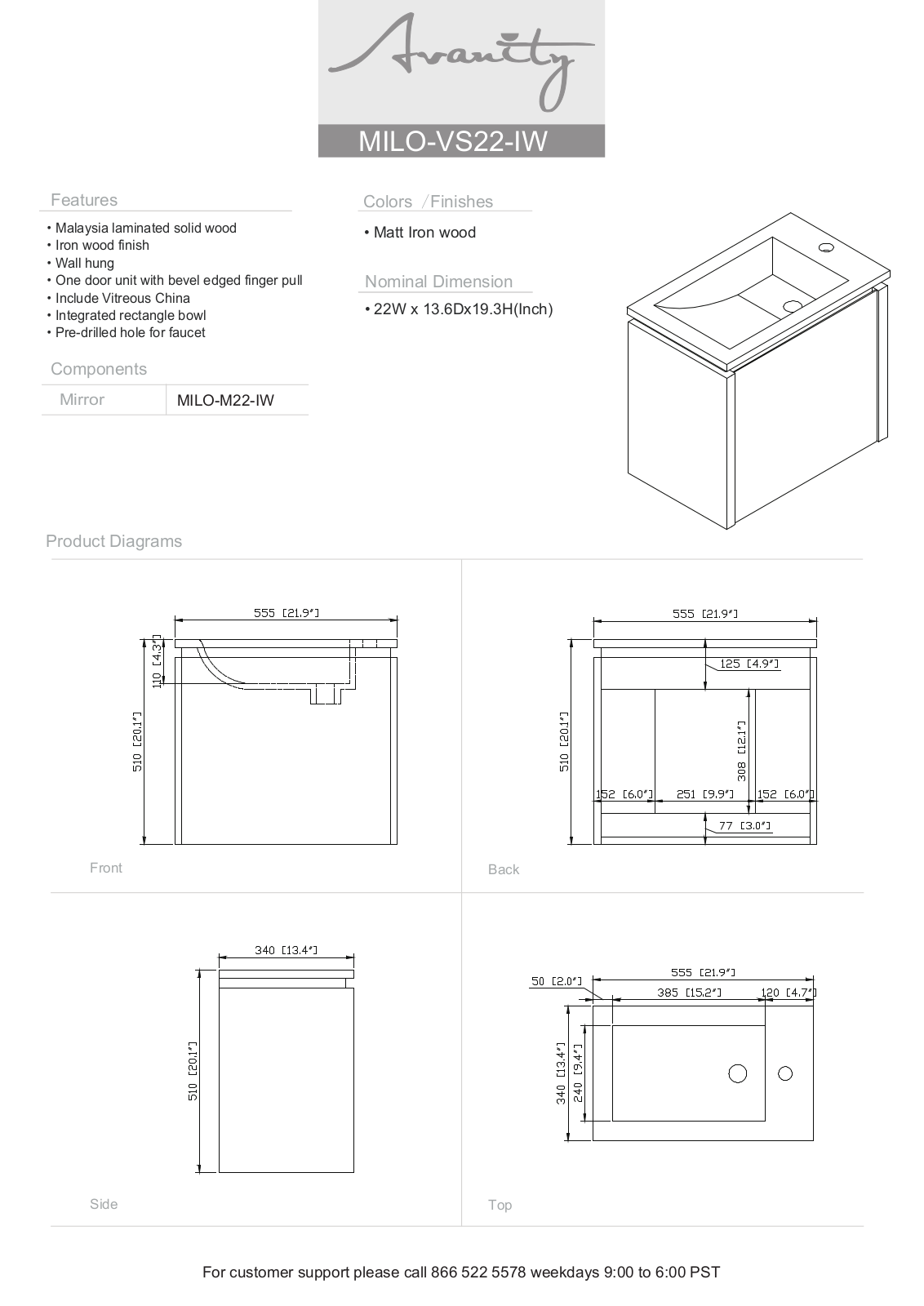 Avanity MILOVS22IW Specifications