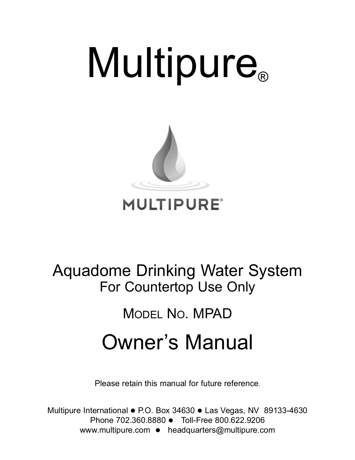 Purenex Multipure Aquadome User Manual