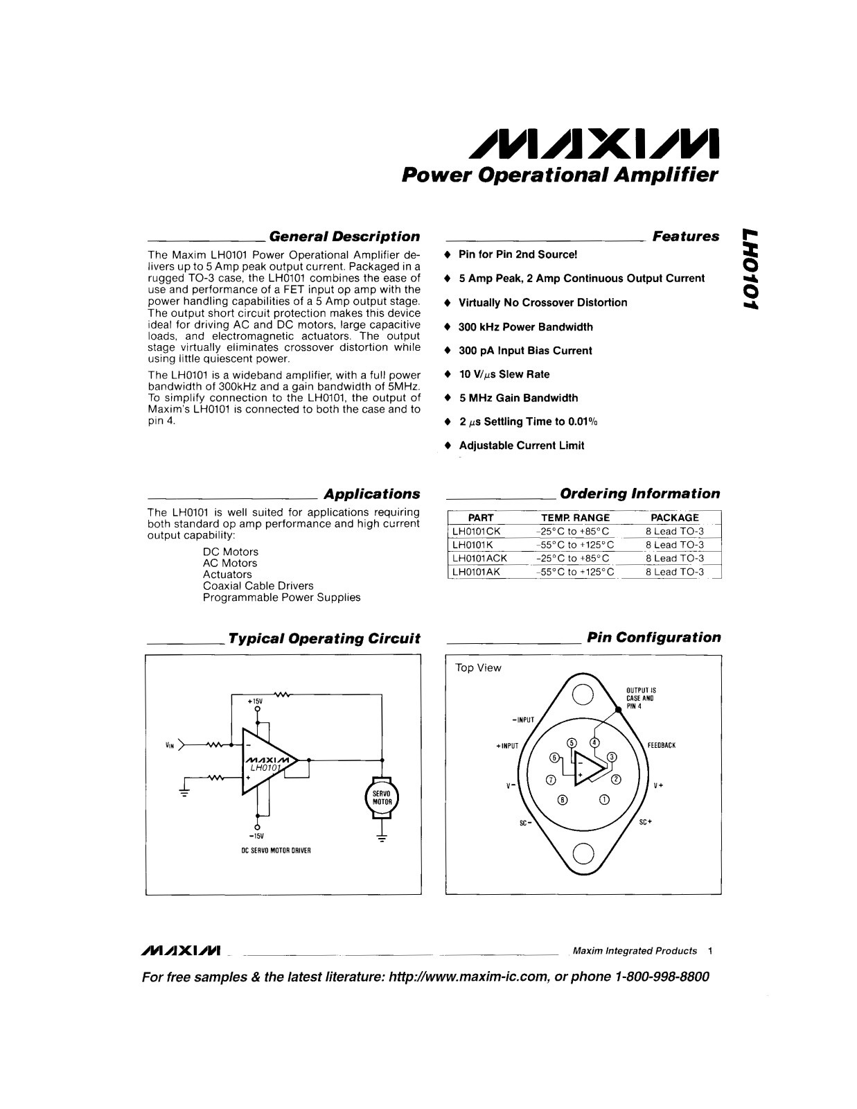 Maxim LH0101K, LH0101CK, LH0101AK, LH0101ACK Datasheet