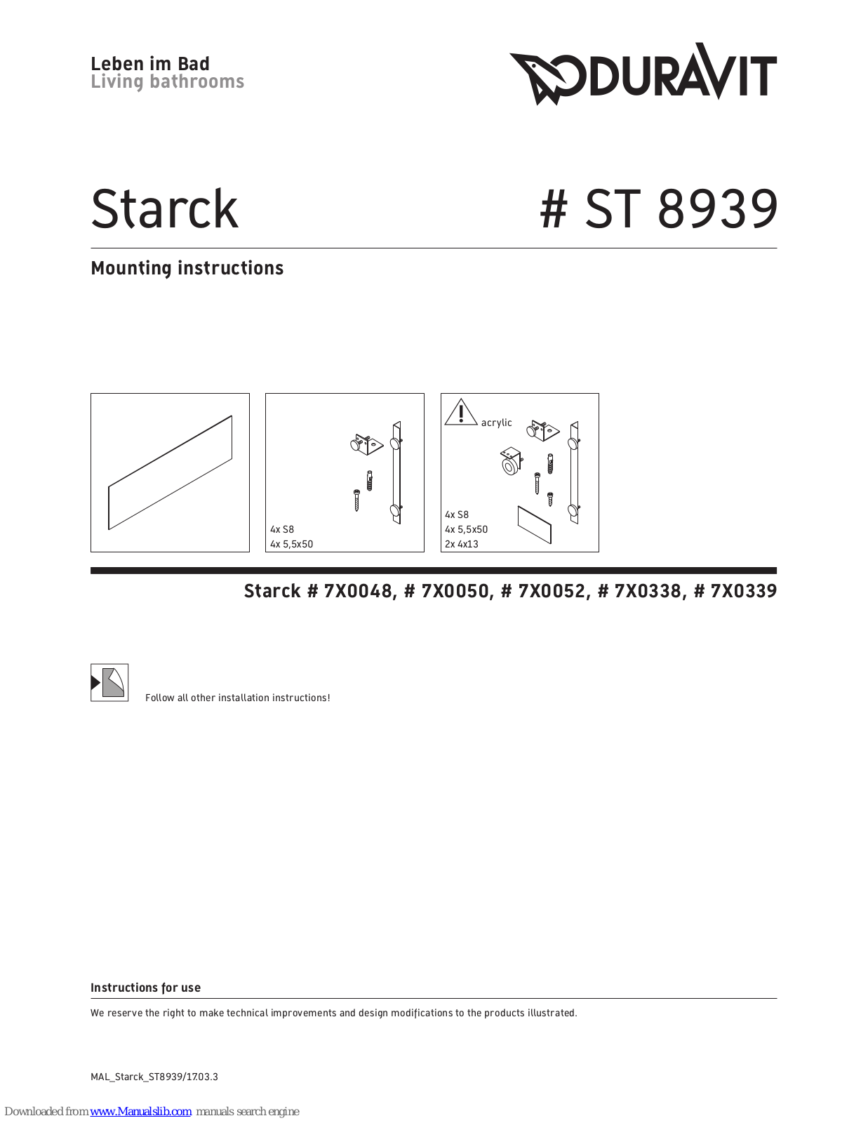 DURAVIT Starck ST 8939 Mounting Instructions