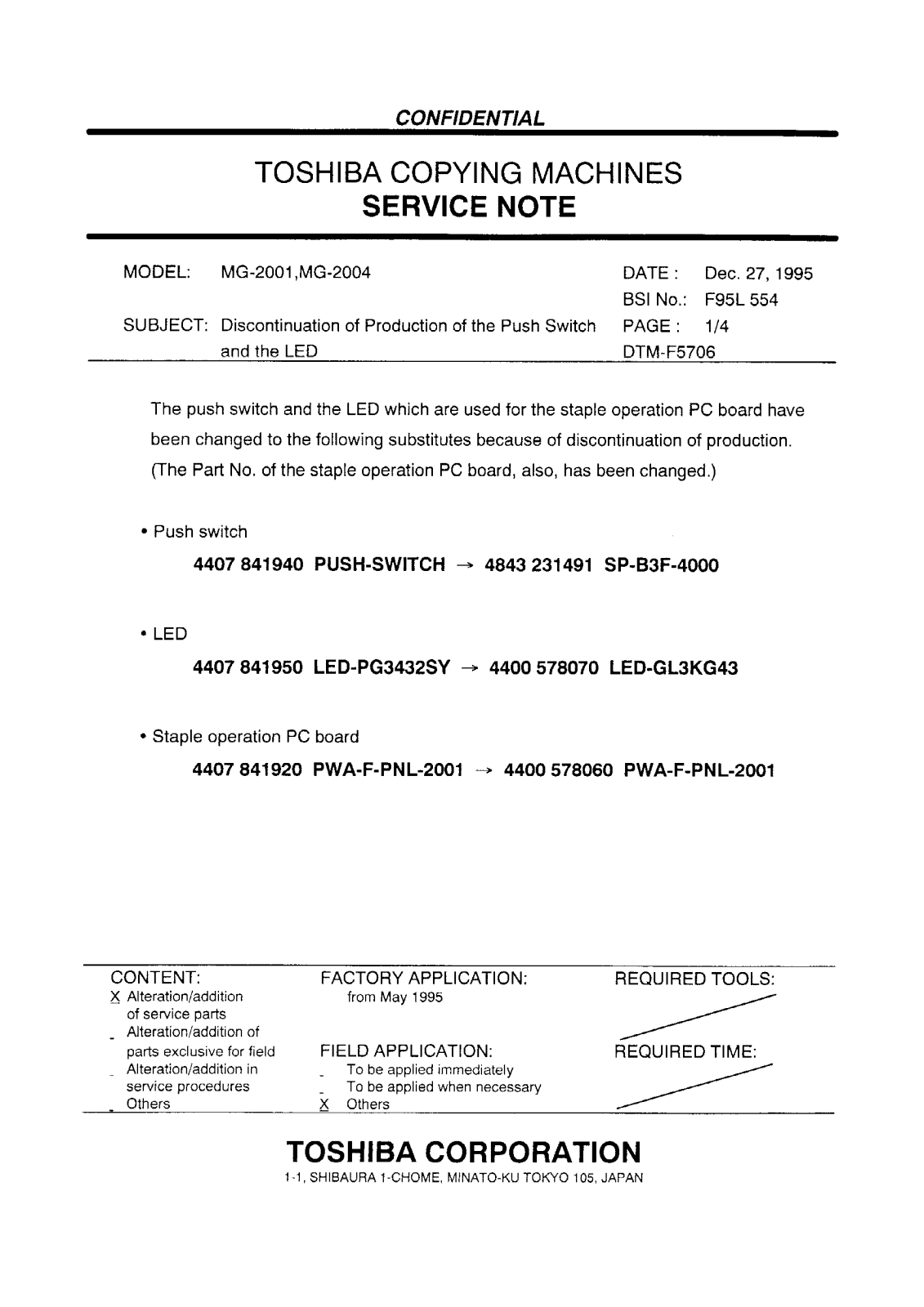 Toshiba f95l554 Service Note