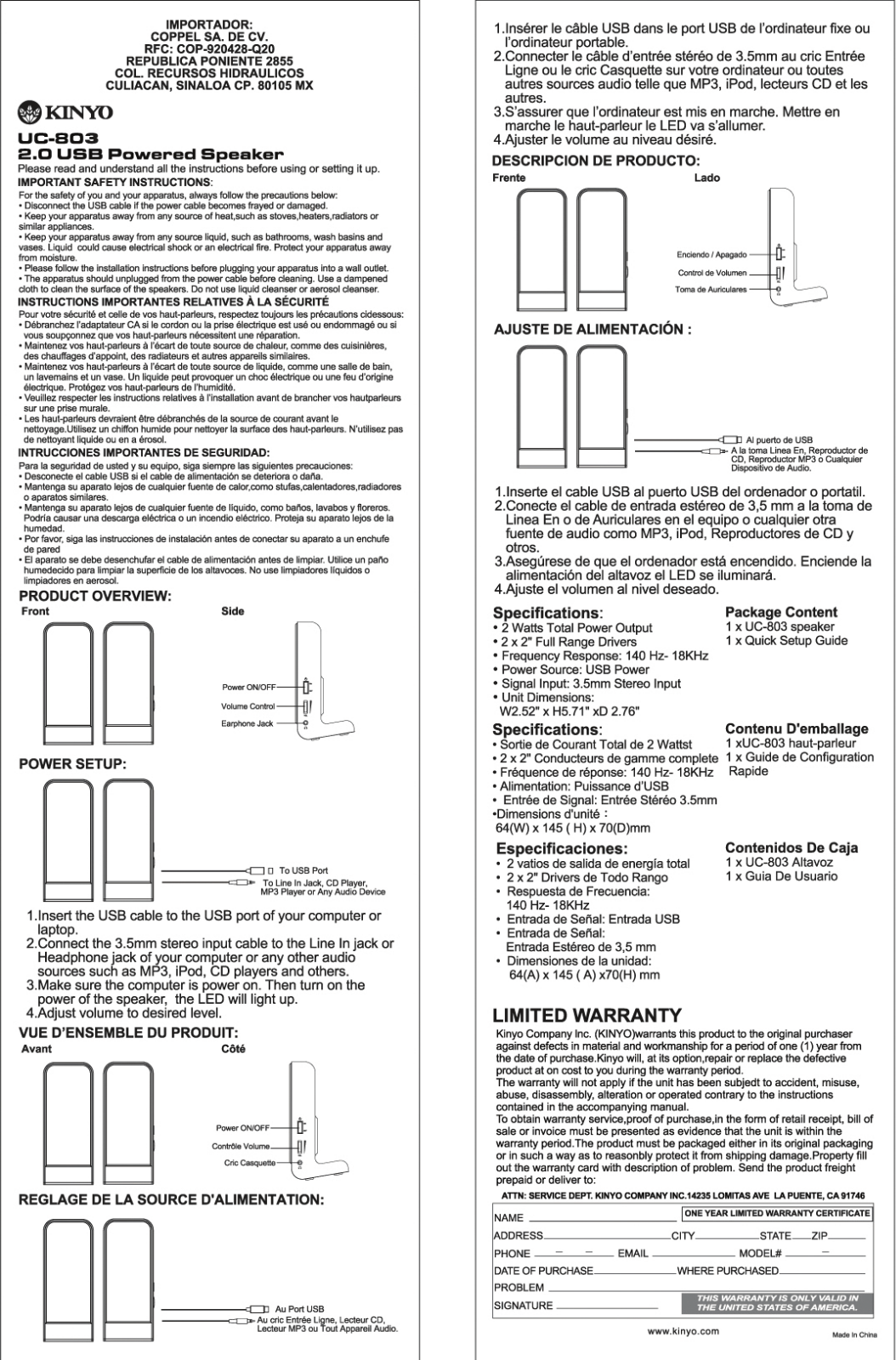 Kinyo UC-803 User Manual