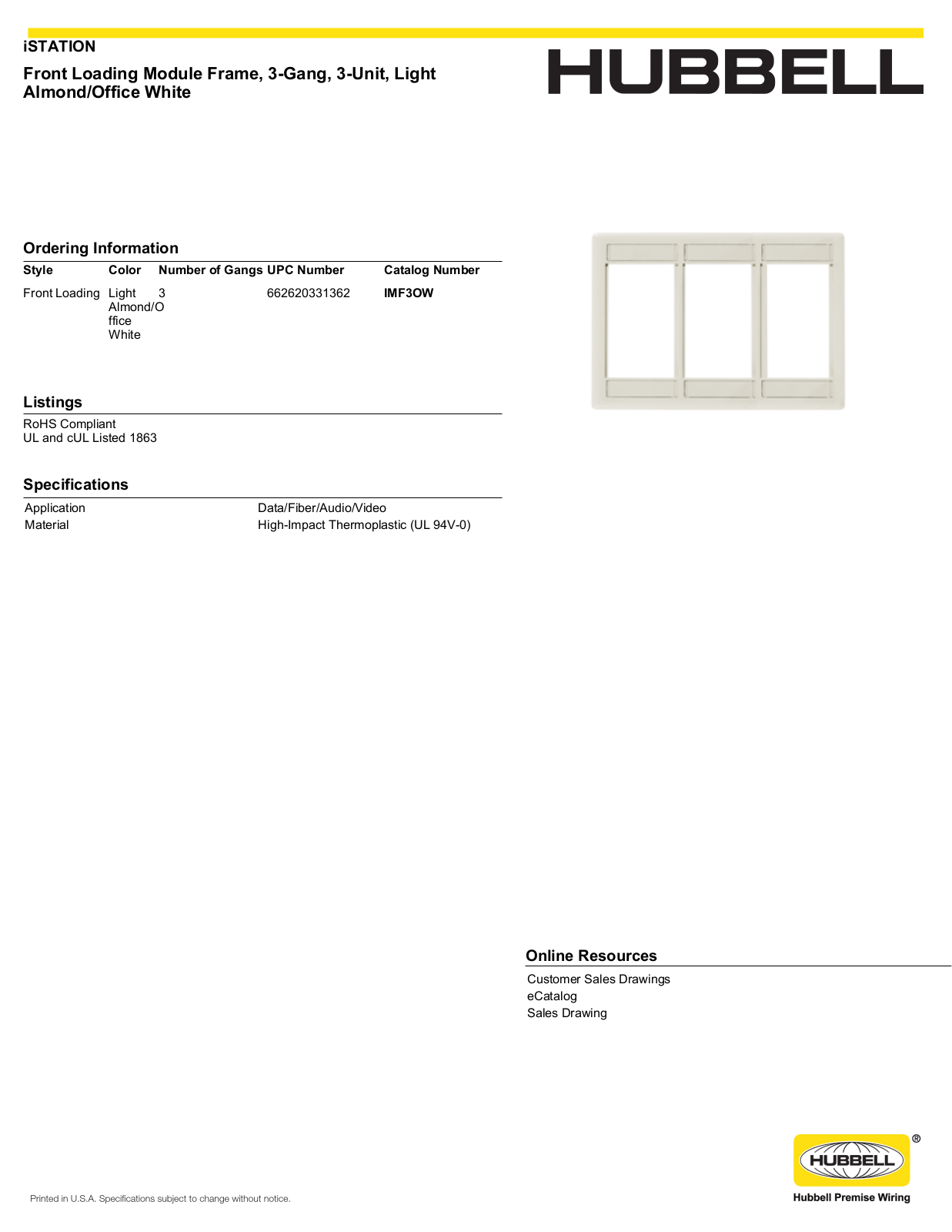 Hubbell IMF3OW Specifications