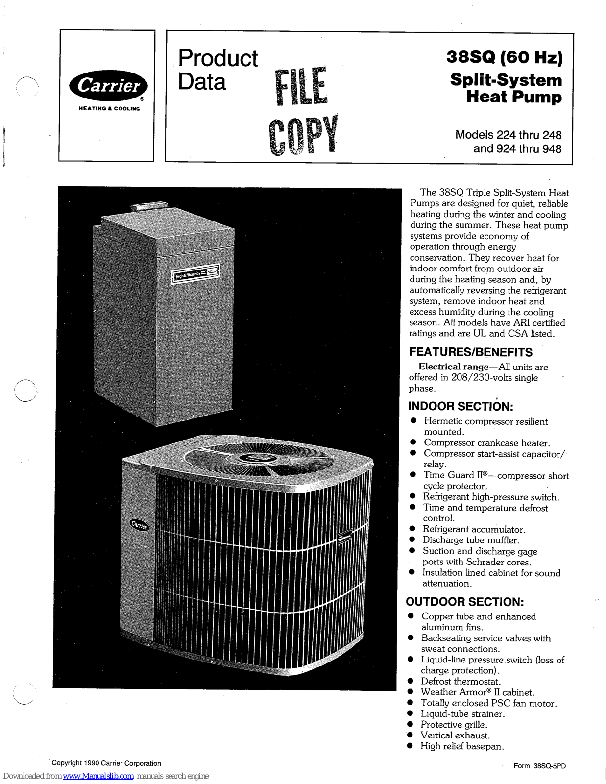 Carrier 38SQ, 38SQ924, 38SQ930, 38SQ936, 38SQ942 Product Data