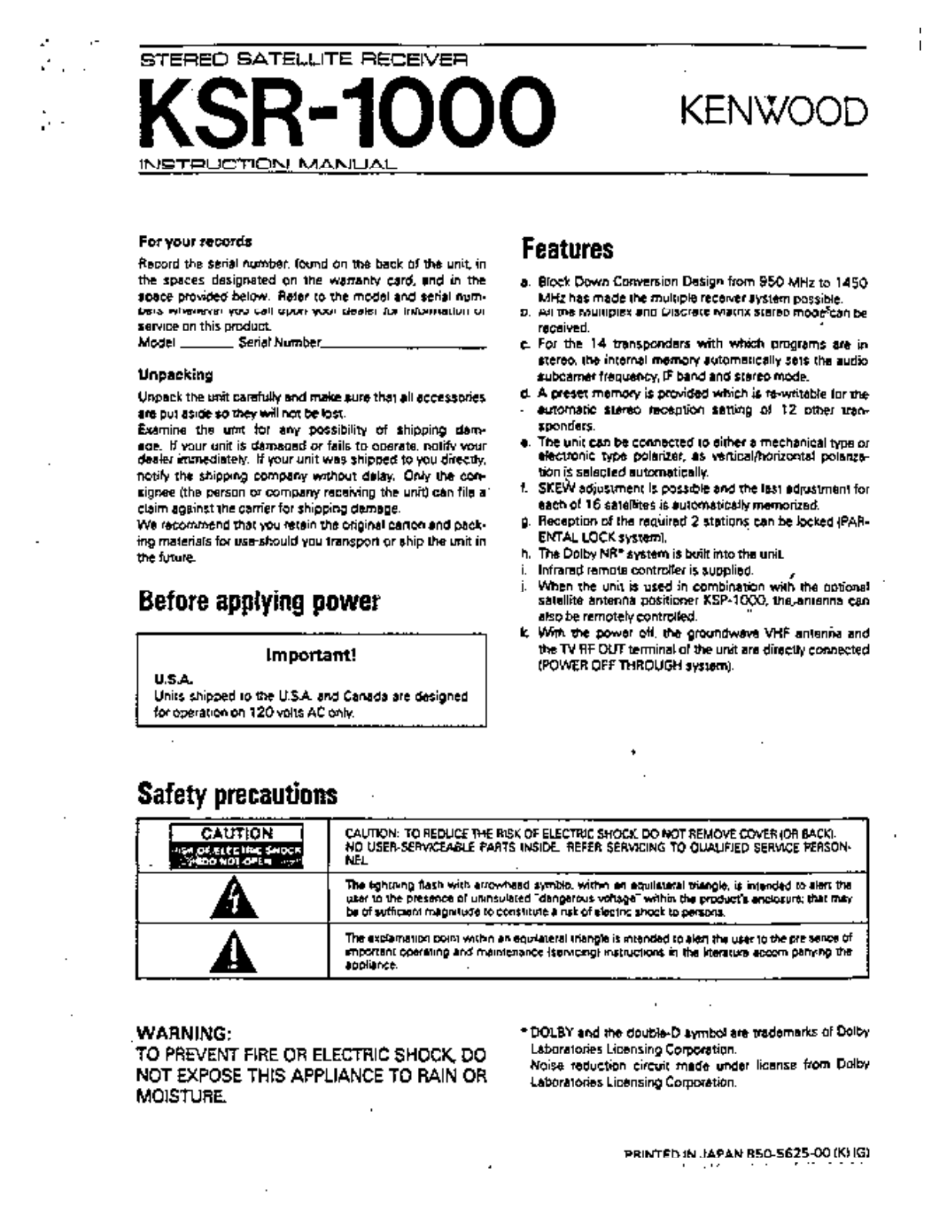 Kenwood KSR-1000 Owner's Manual