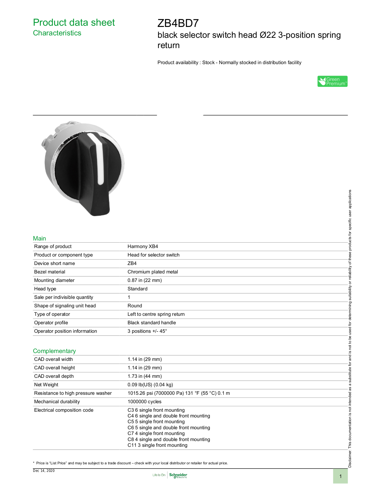 Square D ZB4BD7 Data Sheet