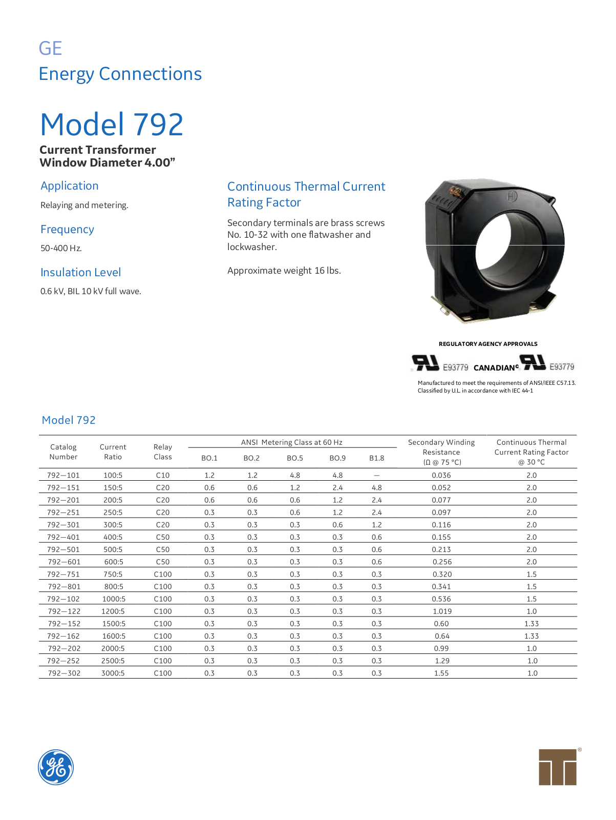 Instrument Transformer, Div of GE 792 Data Sheet