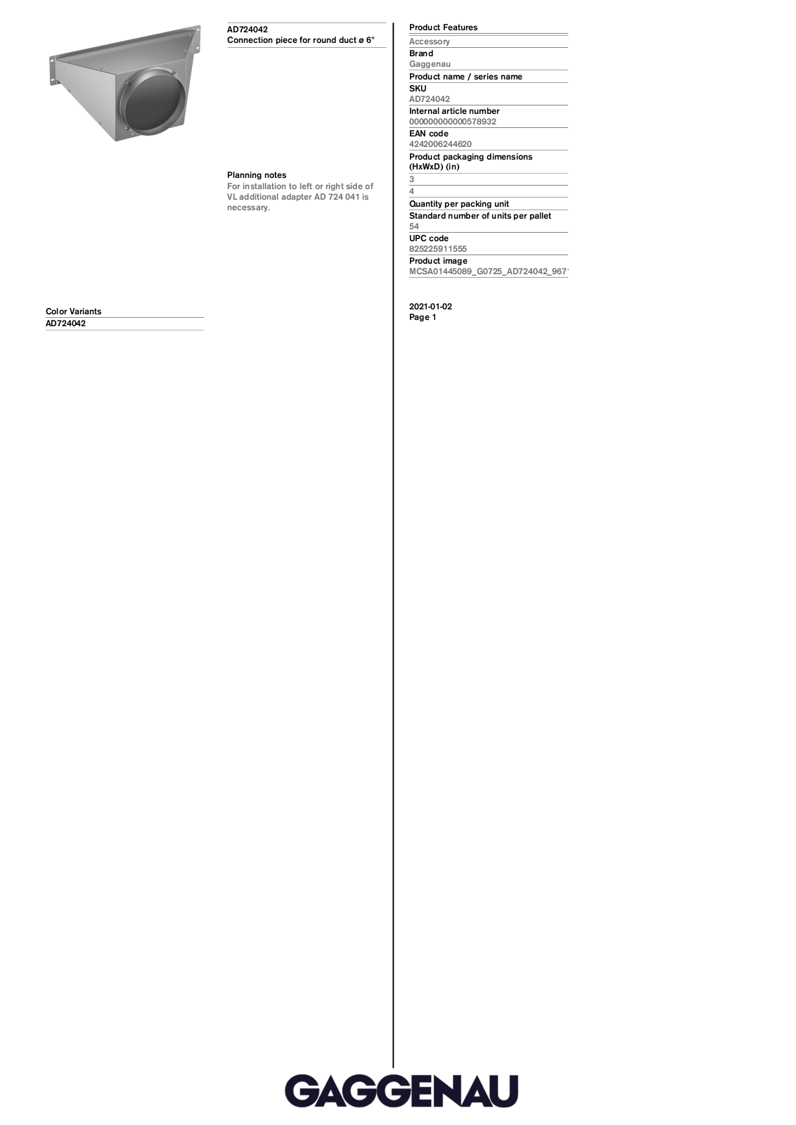 Gaggenau AD724042 Specification Sheet